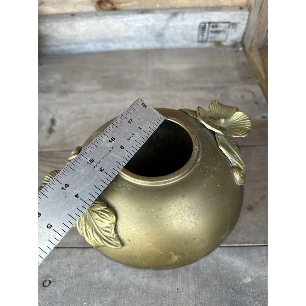 Brass Bowl Pot Vase‎ Art Deco Nouveau Style Vintage Floral Lillipad Handles